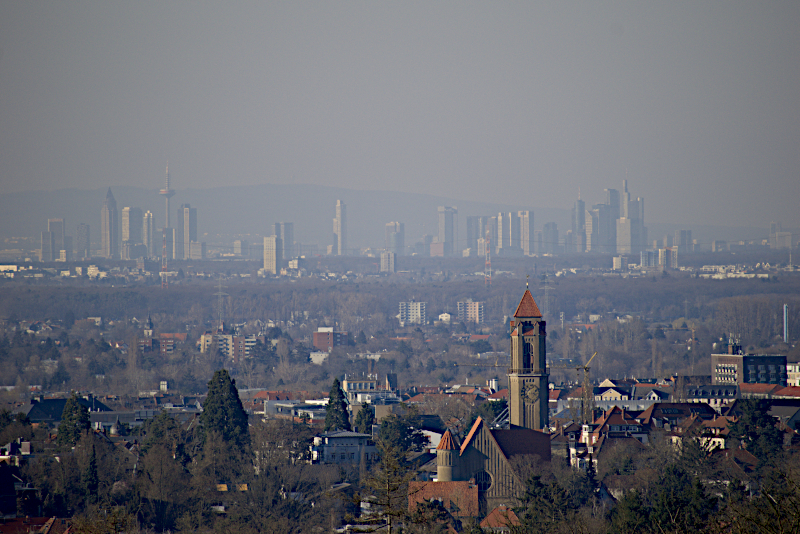 Blick auf Darmstadt von der Ludwigshöhe aus mit der Frankfurter Skyline im Hintergrund
